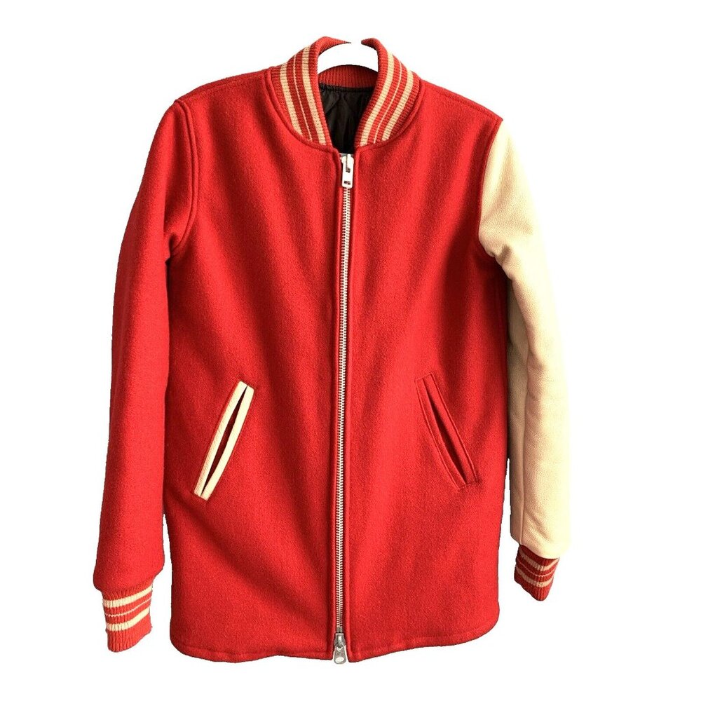 Needs And Wants Studios Y2K Red Melton Wool Ivory Leather Varsity Jacket Mens